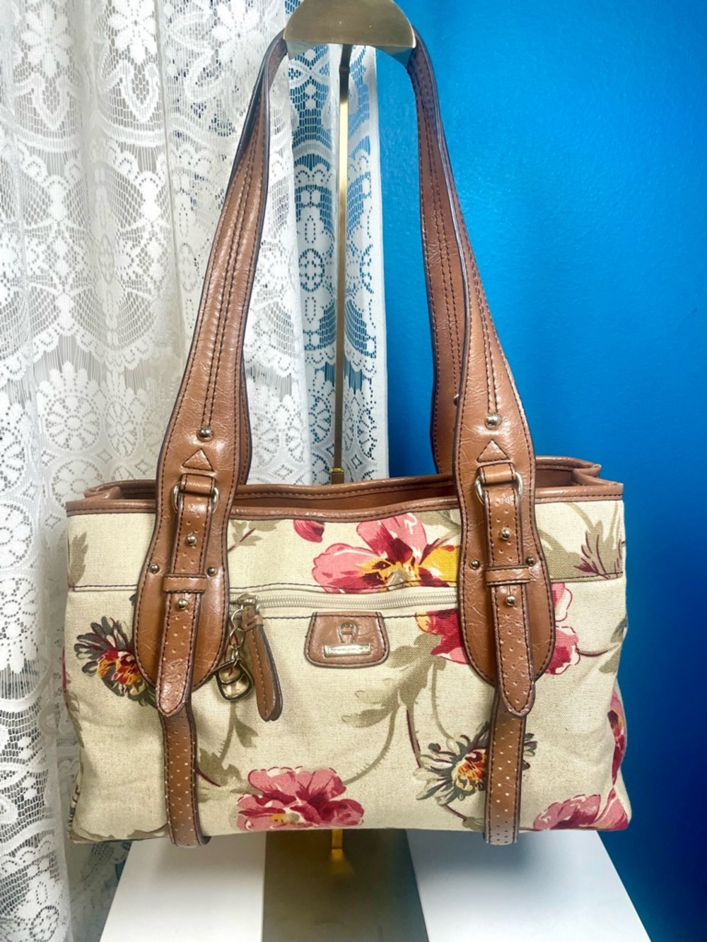 Etienne Aigner Beige Floral Canvas with Brown LeatherTrim 7.5 in H x 13 in L